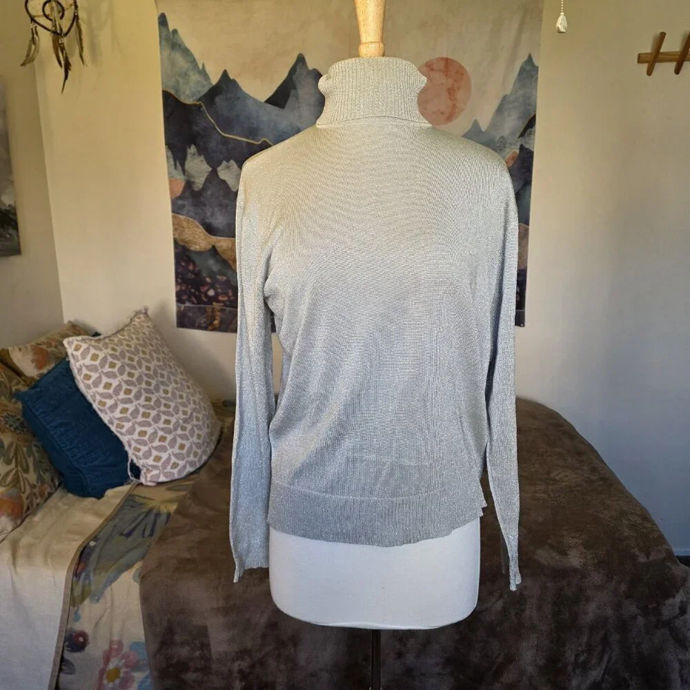 Composition NY Silk Blend Metallic Shimmer Turtleneck Sweater L Taupe Beige